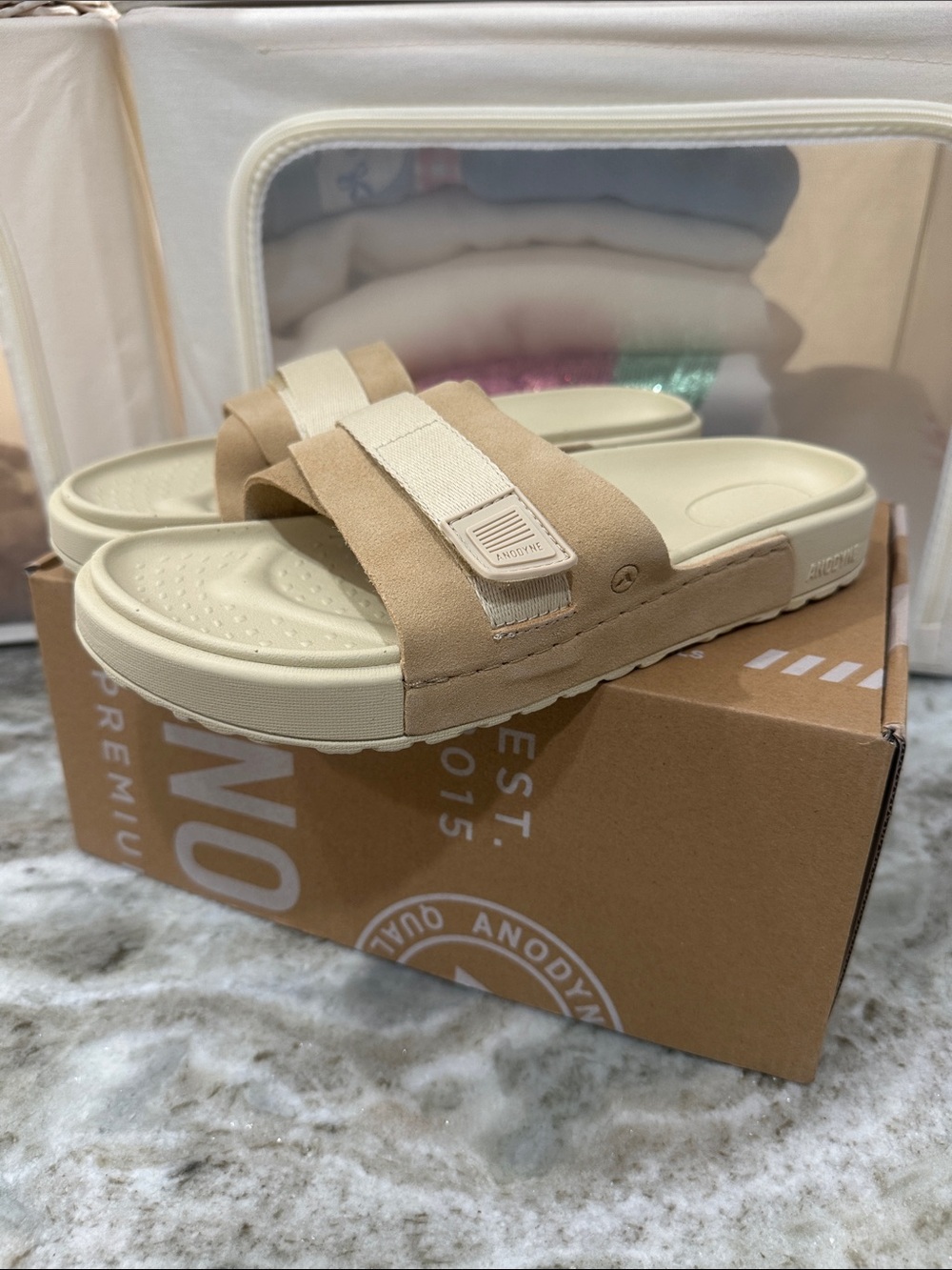 NEW ANODYNE women’s Neutral Beige Slide Sandals with Adjustable Straps - Women
